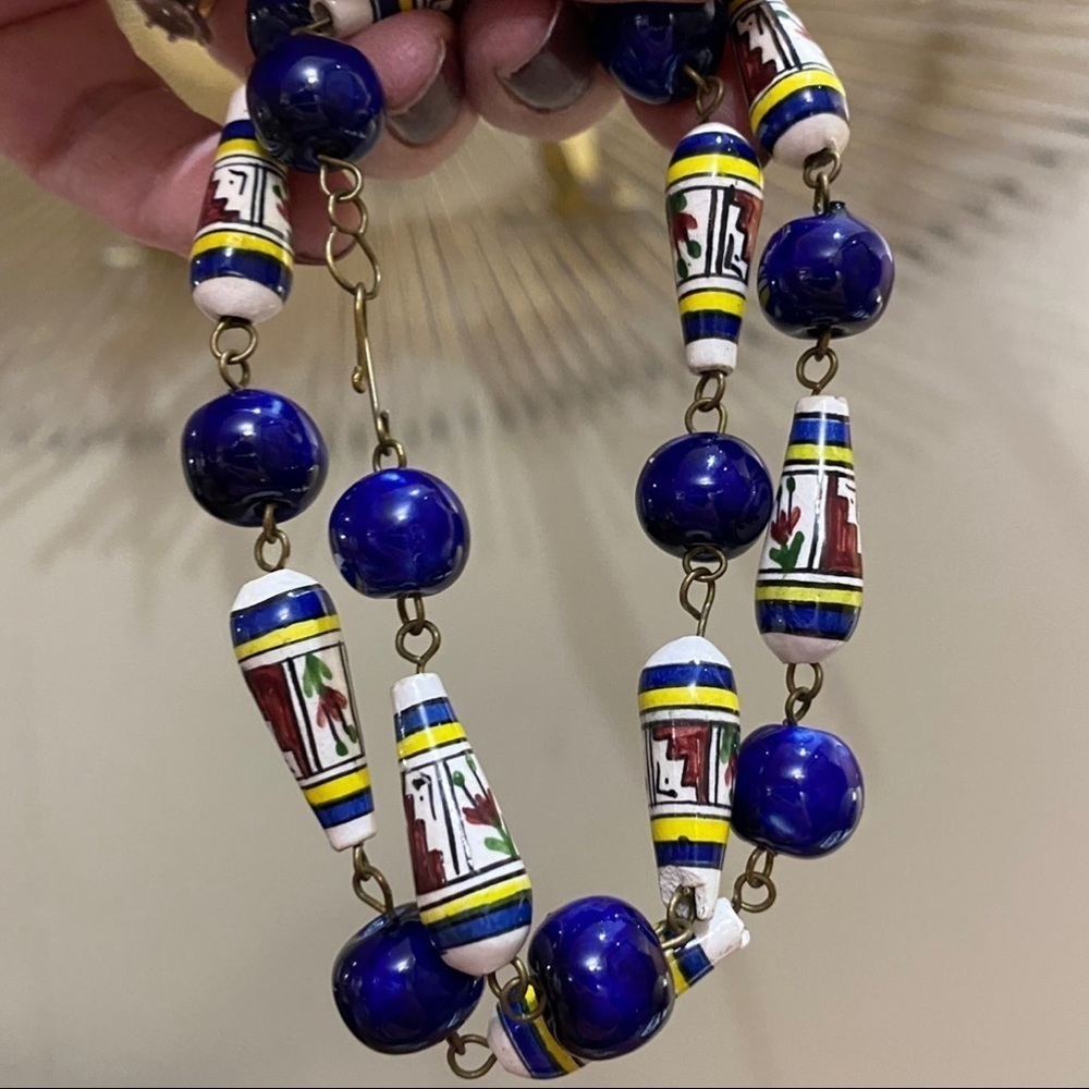 Antique Vintage Beaded Necklace Hand Painted Wired Wire Work 19” Cobalt Blue